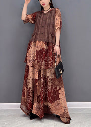 Women Brown Hooded Knit Patchwork Chiffon tops and wide leg pants two pieces Half Sleeve