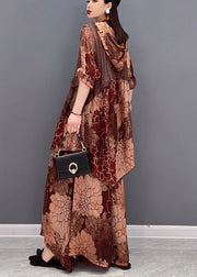 Women Brown Hooded Knit Patchwork Chiffon tops and wide leg pants two pieces Half Sleeve