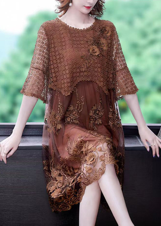 Women Brown O-Neck Embroidered Lace Vacation Dresses Half Sleeve