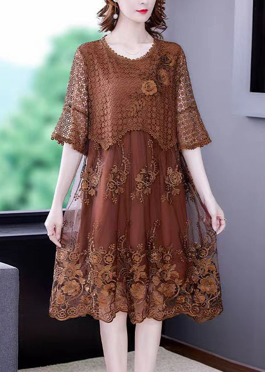 Women Brown O-Neck Embroideried Lace Vacation Dresses Half Sleeve