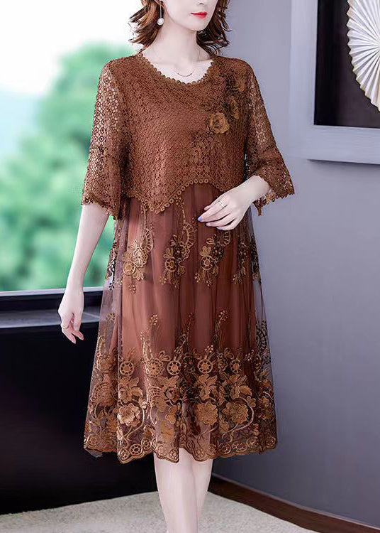 Women Brown O-Neck Embroidered Lace Vacation Dresses Half Sleeve