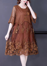 Women Brown O-Neck Embroideried Lace Vacation Dresses Half Sleeve