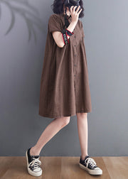 Women Brown Ruffled Plaid Linen A Line Dress Summer