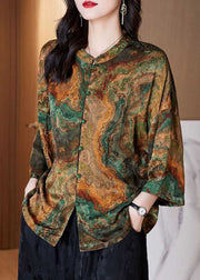 Women Brown Stand Collar Button Print Patchwork Silk Blouse Top Summer