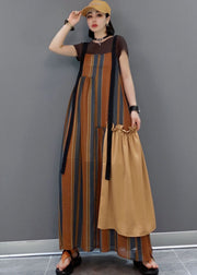 Women Brown Striped Patchwork a line skirts Short Sleeve Dresses