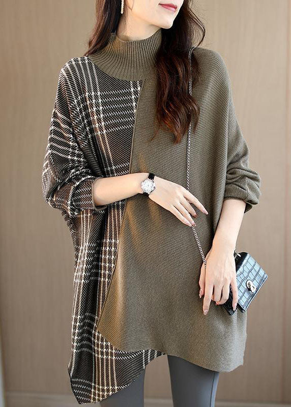 Women Brown Turtleneck Patchwork Plaid Casual Fall Sweater