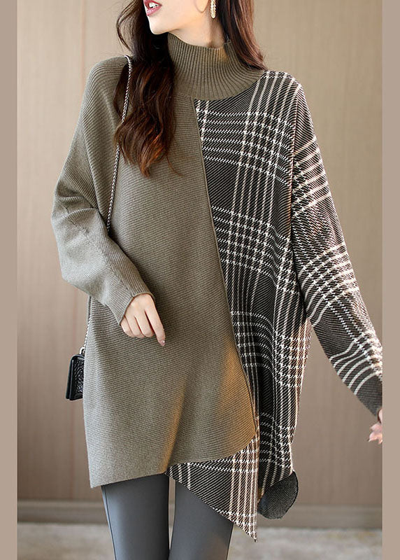 Women Brown Turtleneck Patchwork Plaid Casual Fall Sweater