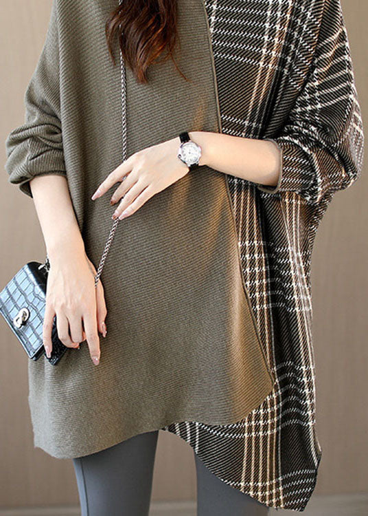 Women Brown Turtleneck Patchwork Plaid Casual Fall Sweater