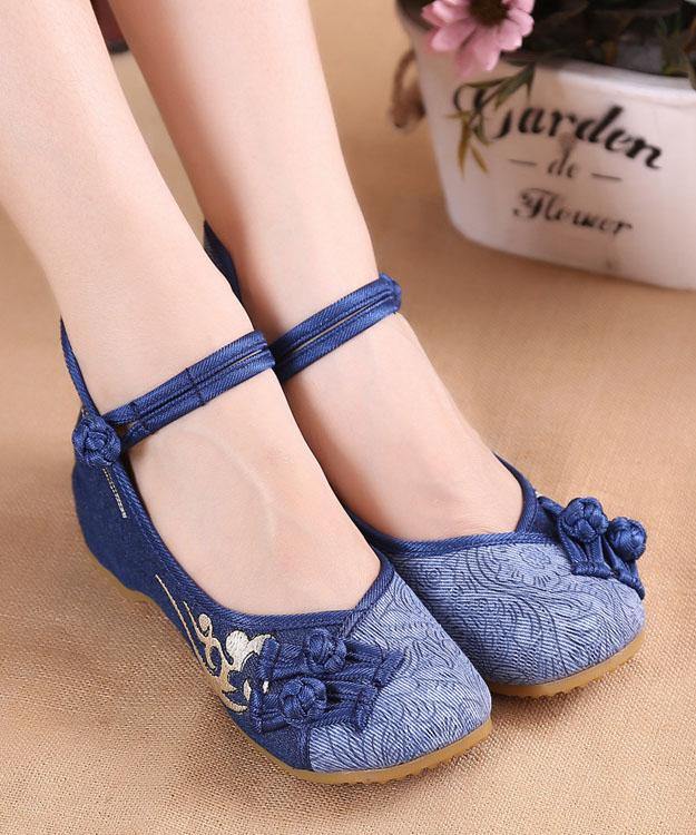 Women Buckle Strap Wedge High Wedge Heels Shoes Blue Oriental Cotton Fabric - bagstylebliss