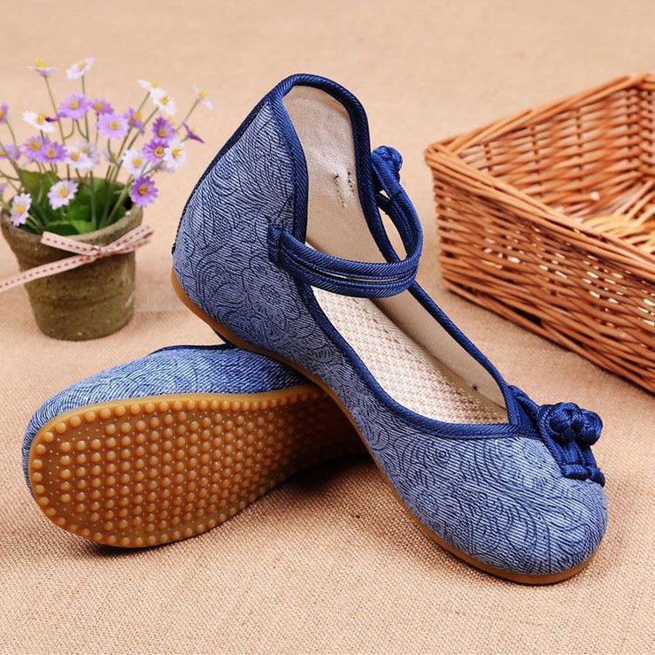 Women Buckle Strap Wedge High Wedge Heels Shoes Blue Oriental Cotton Fabric - bagstylebliss