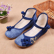 Women Buckle Strap Wedge High Wedge Heels Shoes Blue Oriental Cotton Fabric - bagstylebliss