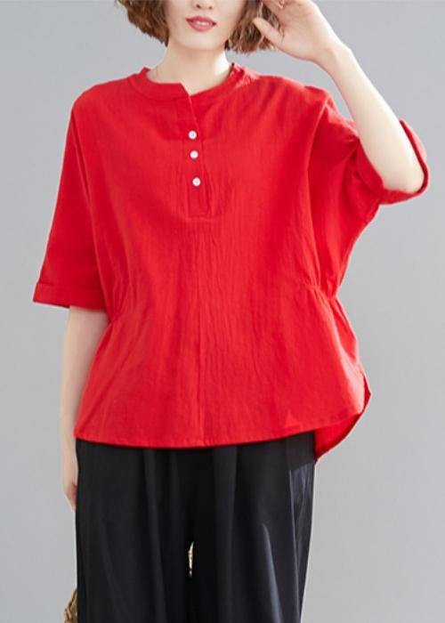 Women Button Down elastic waist linen shirts women red Art blouses - bagstylebliss