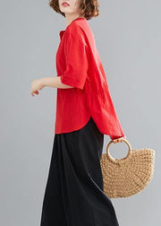 Women Button Down elastic waist linen shirts women red Art blouses - bagstylebliss