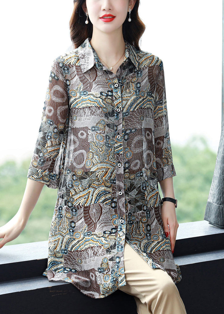 Women Button Peter Pan Collar Print Chiffon Blouse Tops Three Quarter sleeve