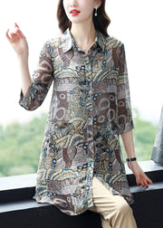 Women Button Peter Pan Collar Print Chiffon Blouse Tops Three Quarter sleeve