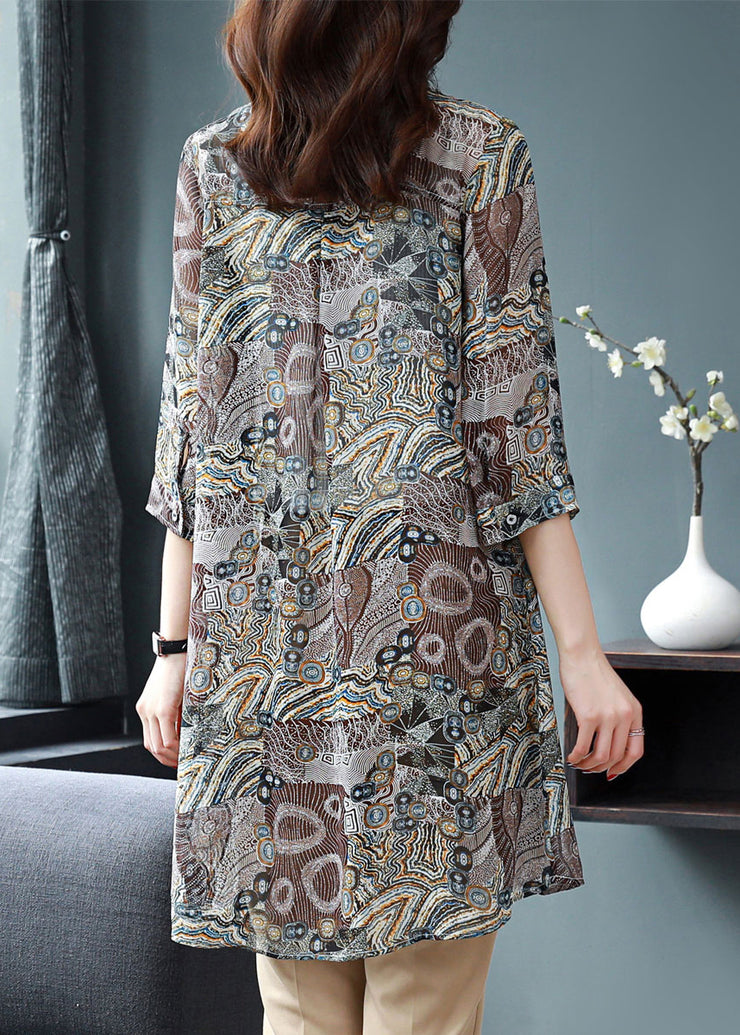 Women Button Peter Pan Collar Print Chiffon Blouse Tops Three Quarter sleeve