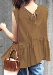 Women Camel O-Neck Ruffled Patchwork Solid Tops Summer