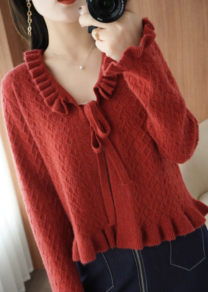 Women Camel Ruffled Lace Up Knitting Cardigans Long Sleeve