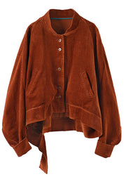 Women Caramel Pockets Button asymmetrical design Fall Corduroy Coat