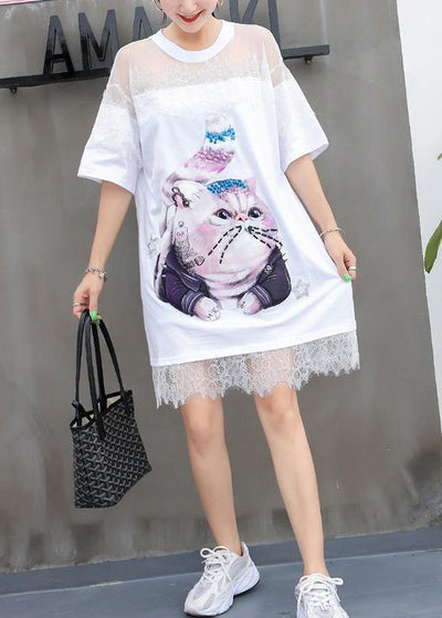 Women Cartoon print Cotton Tunics Inspiration white patchwork lace Dresses summer - bagstylebliss