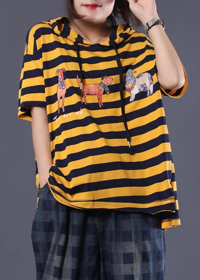 Women Cartoon print cotton top silhouette Neckline yellow striped shirt summer - bagstylebliss