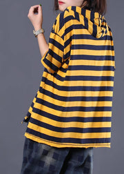 Women Cartoon print cotton top silhouette Neckline yellow striped shirt summer - bagstylebliss