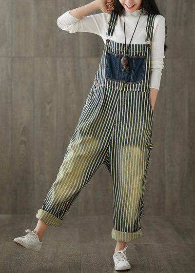 Women Casual Cotton Minimalist Vertical Striped Vintage Full Length Jumpsuits - bagstylebliss