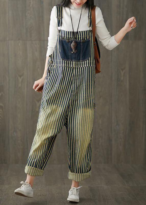 Women Casual Cotton Minimalist Vertical Striped Vintage Full Length Jumpsuits - bagstylebliss