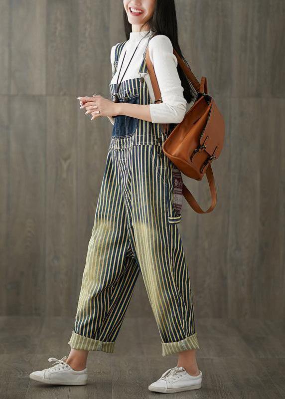 Women Casual Cotton Minimalist Vertical Striped Vintage Full Length Jumpsuits - bagstylebliss