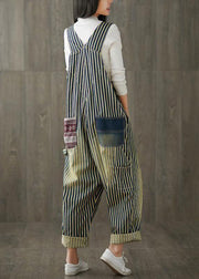 Women Casual Cotton Minimalist Vertical Striped Vintage Full Length Jumpsuits - bagstylebliss