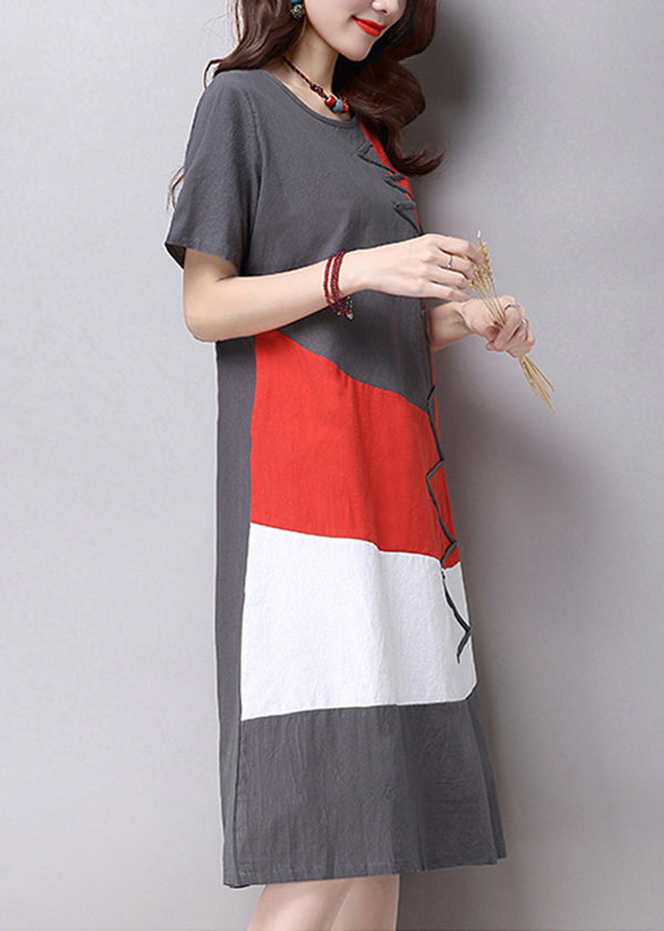 Women Casual Short Sleeve Splice Loose O-neck Mid Long Dress