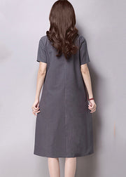 Women Casual Short Sleeve Splice Loose O-neck Mid Long Dress