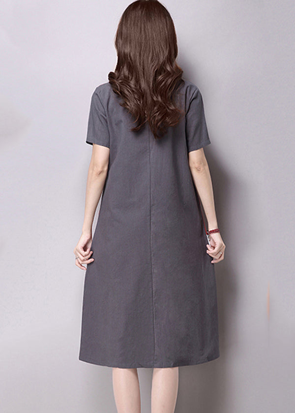 Women Casual Short Sleeve Splice Loose O-neck Mid Long Dress