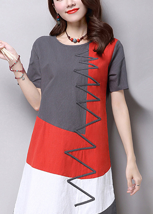 Women Casual Short Sleeve Splice Loose O-neck Mid Long Dress