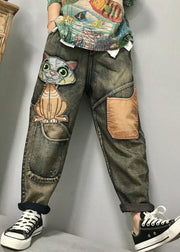 Women Cat Embroidery Patchwork Mid Waist Loose Denim Harem Jeans - bagstylebliss