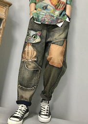 Women Cat Embroidery Patchwork Mid Waist Loose Denim Harem Jeans - bagstylebliss