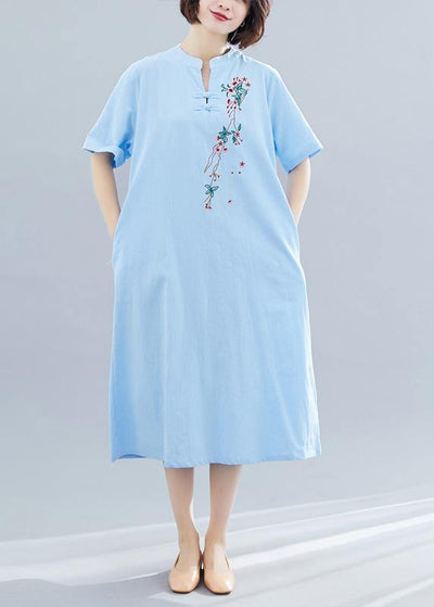 Women Chinese Button cotton Tunics Shape blue A Line Dress summer - bagstylebliss