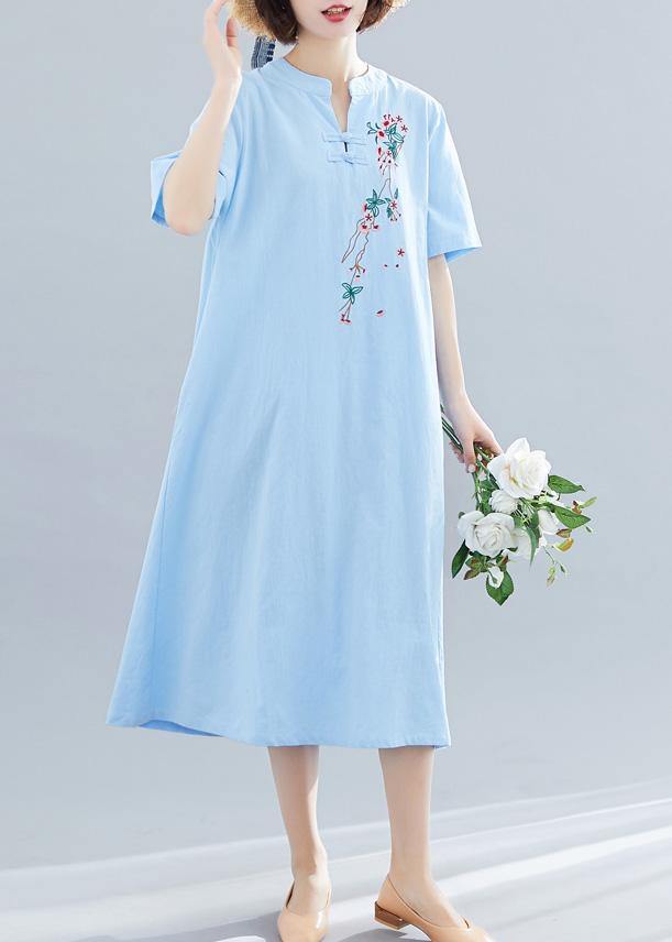 Women Chinese Button cotton Tunics Shape blue A Line Dress summer - bagstylebliss