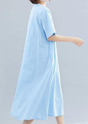 Women Chinese Button cotton Tunics Shape blue A Line Dress summer - bagstylebliss