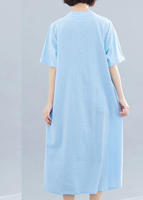 Women Chinese Button cotton Tunics Shape blue A Line Dress summer - bagstylebliss