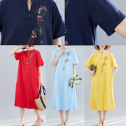 Women Chinese Button cotton Tunics Shape blue A Line Dress summer - bagstylebliss