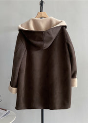 Women Chocolate Button  Woolen Hoodie Coat Wear On Both Sides Winter