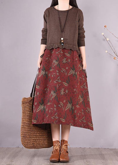 Women Chocolate Patchwork Print Clothes O Neck Loose Spring Dress - bagstylebliss