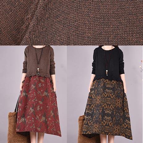 Women Chocolate Patchwork Print Clothes O Neck Loose Spring Dress - bagstylebliss