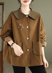 Women Chocolate Peter Pan Collar Patchwork Cotton Coat Spring