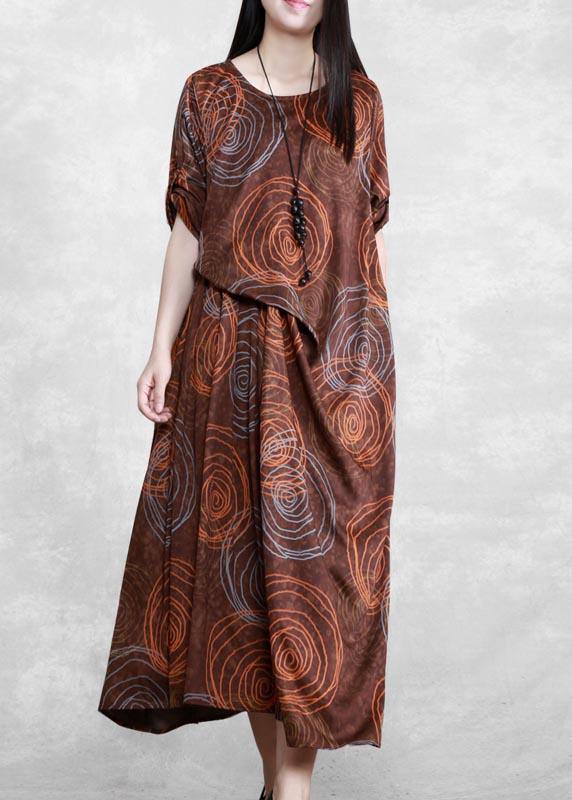 Women Chocolate Print Quilting Clothes O Neck Asymmetric Plus Size Spring Dresses - bagstylebliss