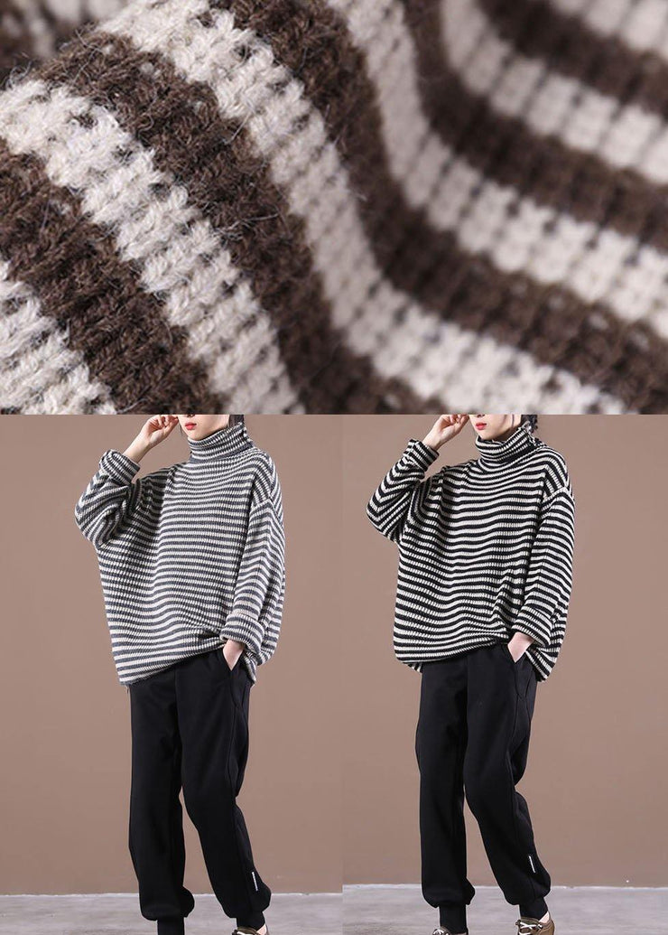 Women Chocolate Striped Long Sleeve Fall Knit Top - bagstylebliss