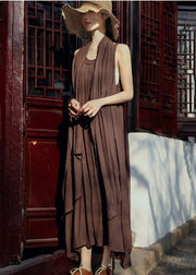 Women Chocolate Asymmetrical Linen Spaghetti Strap Dress And Shawl Two Pieces Set Summer