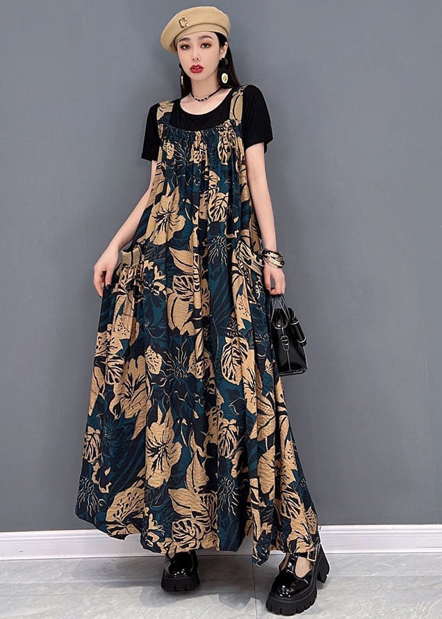 Women Chocolate Big Pockets Side Open Print Cotton Long Dresses Summer