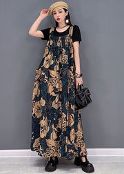 Women Chocolate Big Pockets Side Open Print Cotton Long Dresses Summer